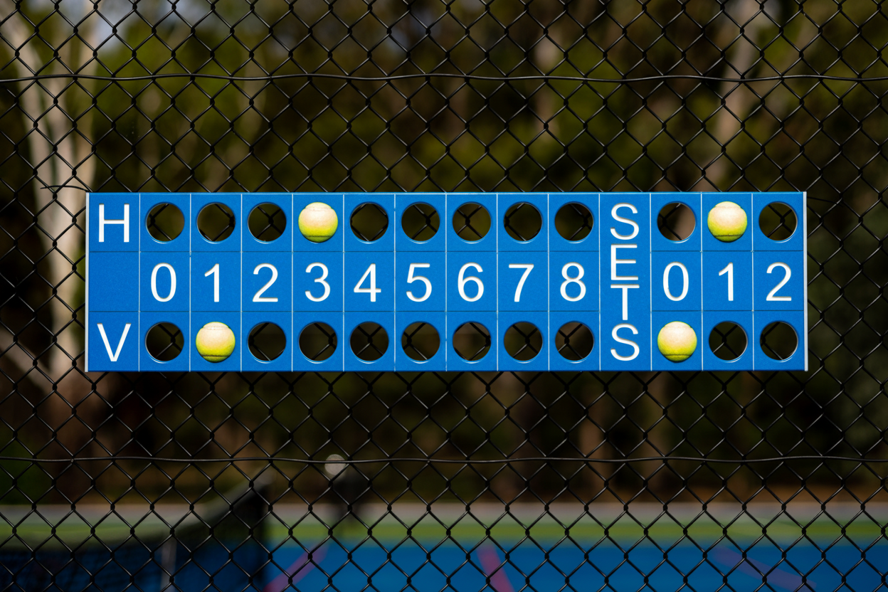 Tennis scoreboard with balls on a blurred tennis court background